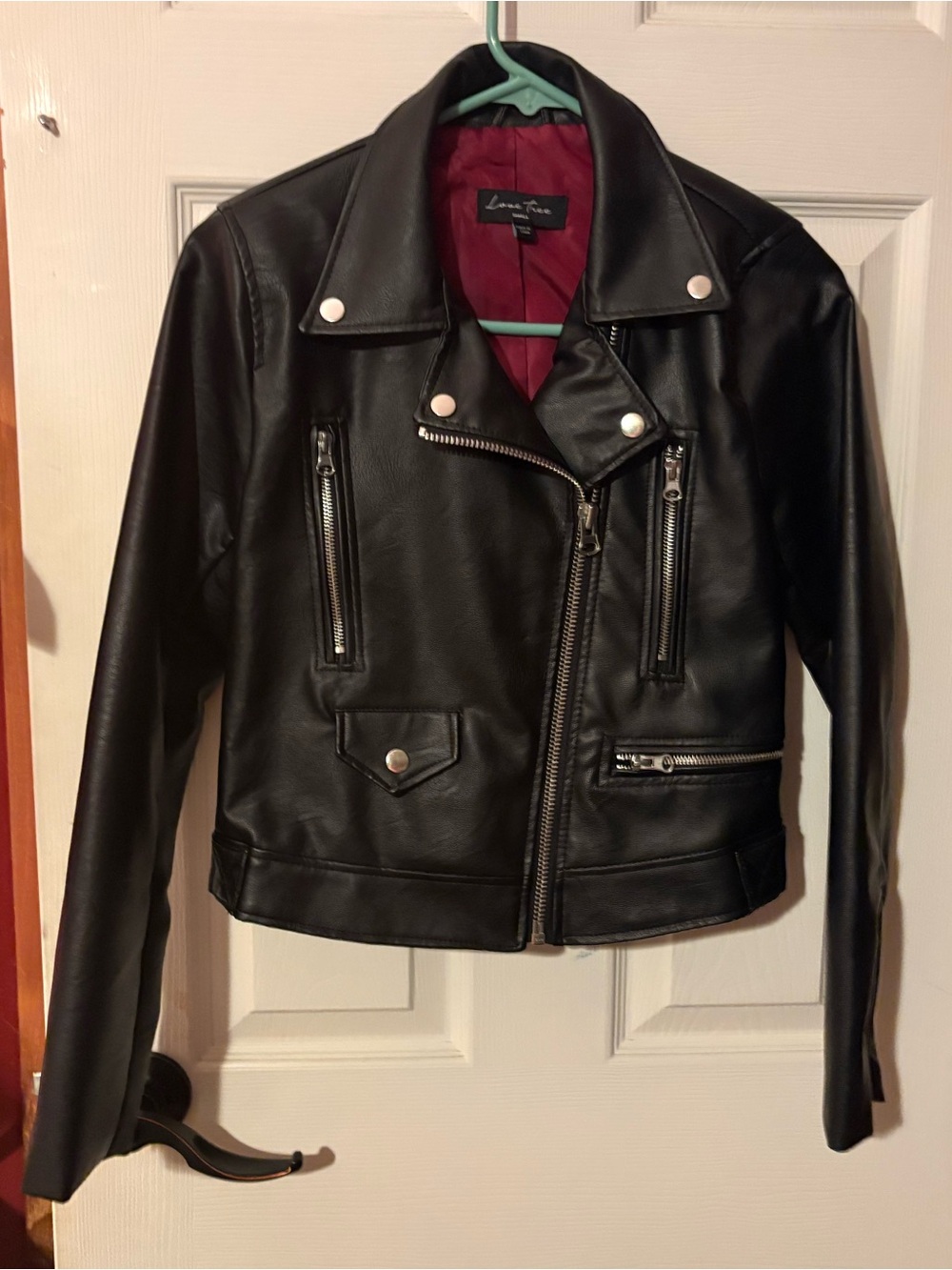 Love Tree Black Faux Leather Moto Jacket with Burgundy Lining